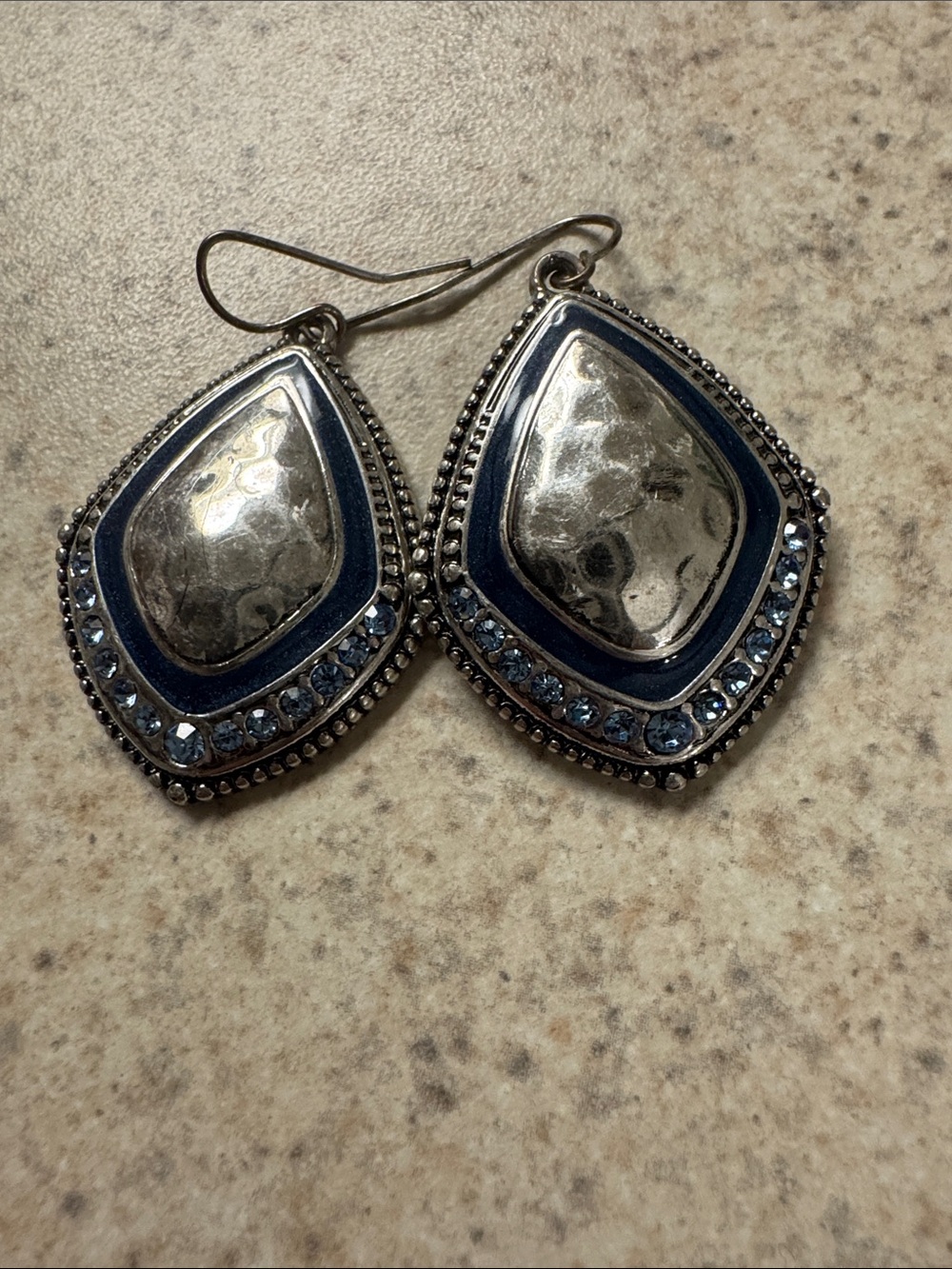 Silver-Tone Teardrop Earrings with Navy Enamel and Light Blue Crystals
